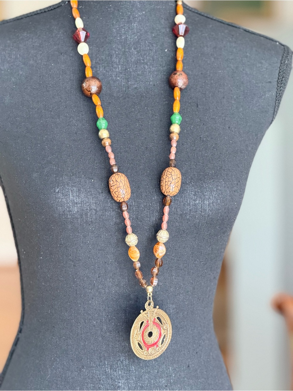 Earth-Tone Beaded Pendant Necklace in Brown, Green and Cream